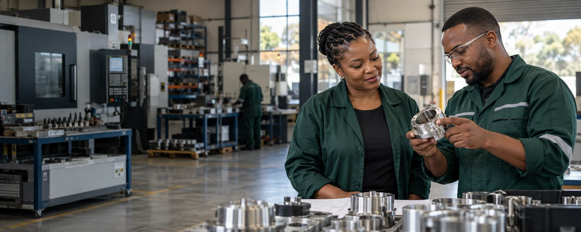 Enterprise owner and engineer inspecting a precision component in a manufacturing workshop